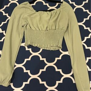 SHEIN Light Green Smocked Long Sleeve Crop Top